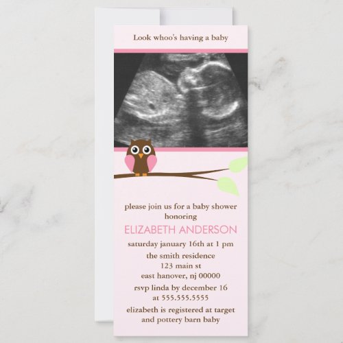 Pink Owl Sonogram Baby Shower Invitation