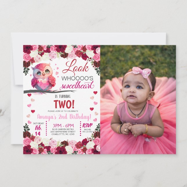Pink Owl Sweetheart Valentine's Birthday Photo Invitation (Front)