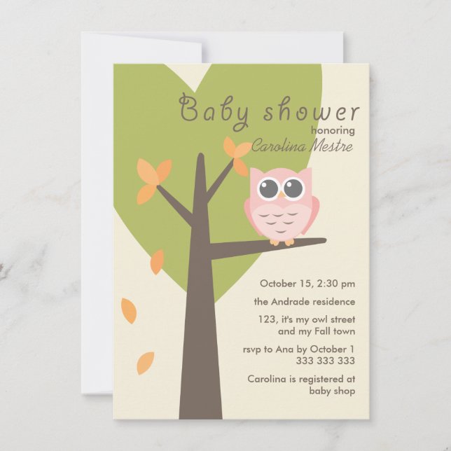 Pink Owl Tree Branch Leaves Autumn Baby Shower Invitation (Front)