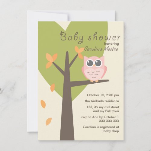Pink Owl Tree Branch Leaves Autumn Baby Shower Personalized Announcements