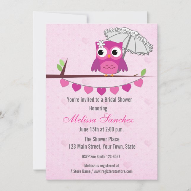 Pink Owl, Umbrella, Bridal Shower Invitation (Front)