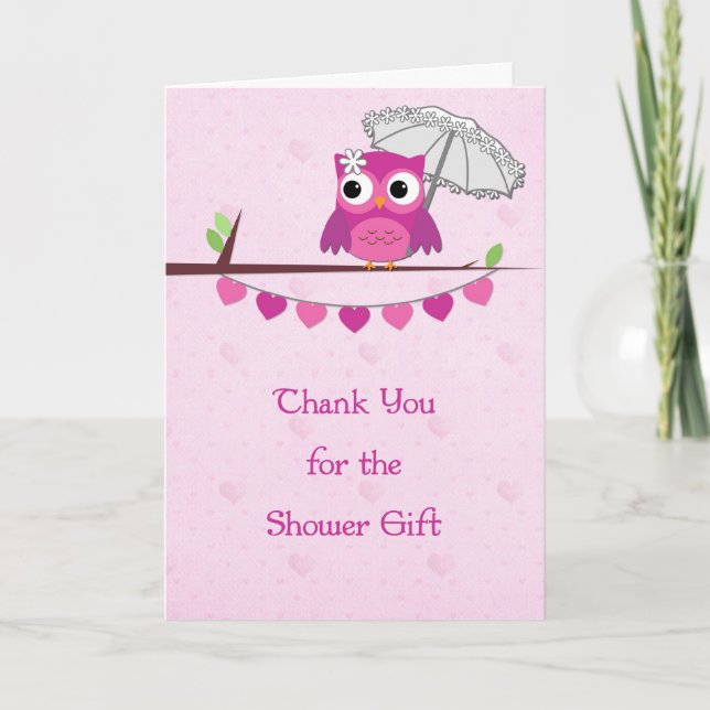 Pink Owl, Umbrella, Bridal Shower Thank You Card (Front)