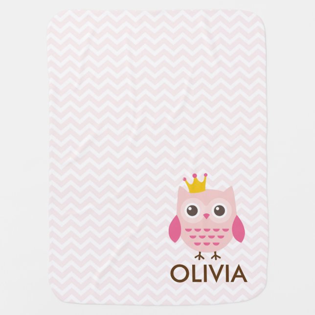 Pink Owl with a Crown Chevron Girl Baby Blanket (Front)