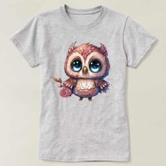 Pink Owl With Flower Illustration  T-Shirt (Design Front)