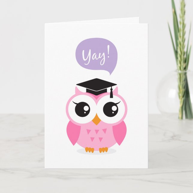 Pink owl with graduation hat congratulation card (Front)