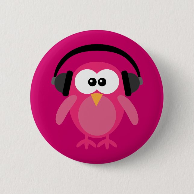 Pink Owl With Headphones Pinback Button (Front)