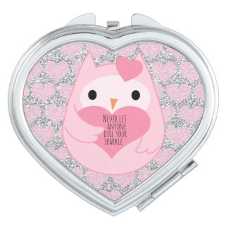 Pink Owl with Silver Sparkles and Quote Compact Mirror