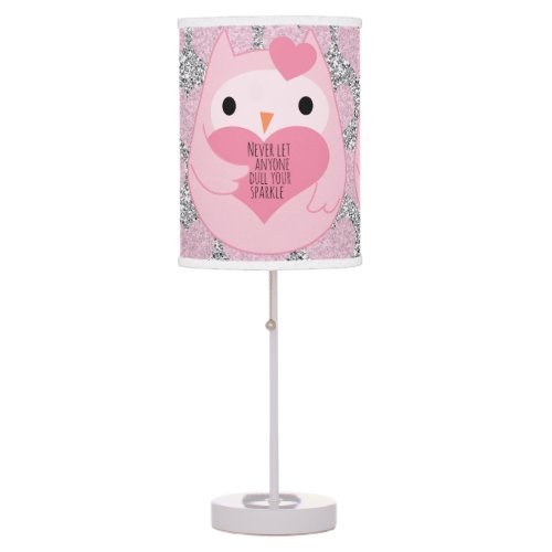 Pink Owl with Silver Sparkles and Quote Table Lamp