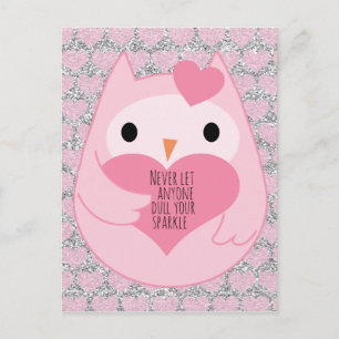Pink Owl with Sparkle Quote Postcard