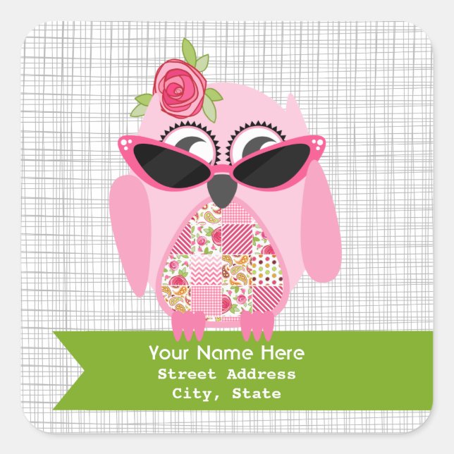Pink Owl With Sunglasses Address Sticker (Front)