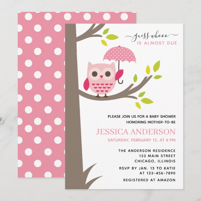 Pink Owl with umbrella Baby Shower Invitation (Front/Back)