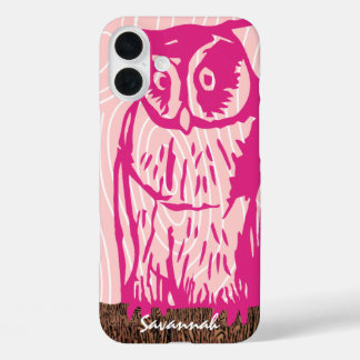 Pink Owl Wood Grain Pattern Choose Your Color iPhone 16 Plus Case