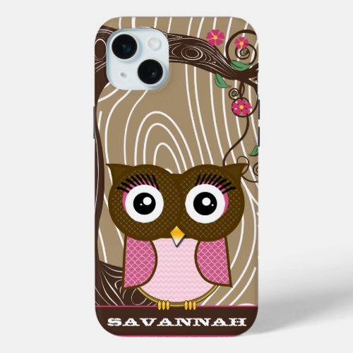 Pink Owl Wood Grain Tree Zig Zag Choose Colors iPhone 15 Plus Case