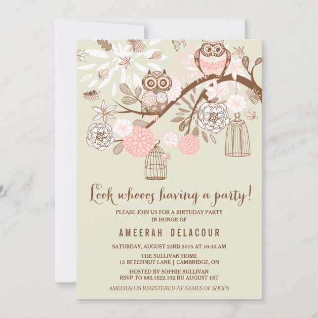 Pink Owls and Birdcages Birthday Party Invitation (Front)
