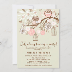 Pink Owls and Birdcages Birthday Party Invitation