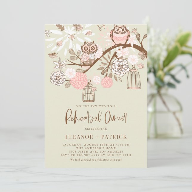 Pink Owls and Birdcages Rehearsal Dinner Invitation (Standing Front)