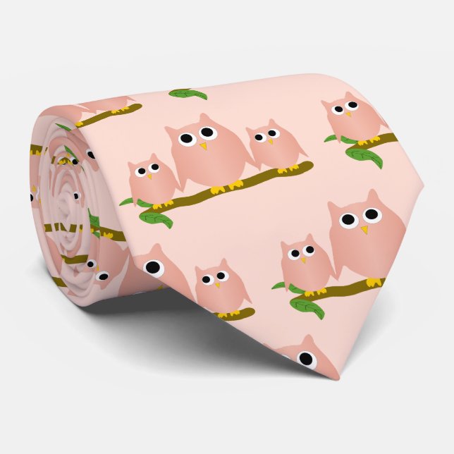 Pink Owls Design Any Colour Background Neck Tie (Rolled)