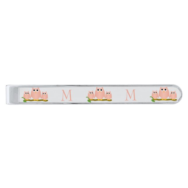 Pink Owls Design Monogrammed Silver Finish Tie Bar (Front)