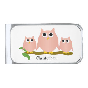 Pink Owls Design Personalised Silver Finish Money Clip