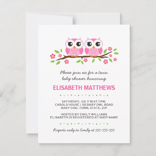 Pink owls on floral branch twin girls baby shower announcements