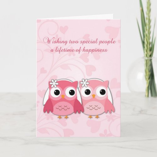 Pink Owls Swirls and Hearts Lesbian Wedding Card