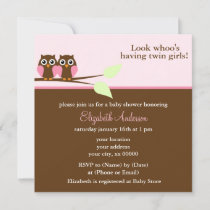 Pink Owls Twins Baby Shower Invitation