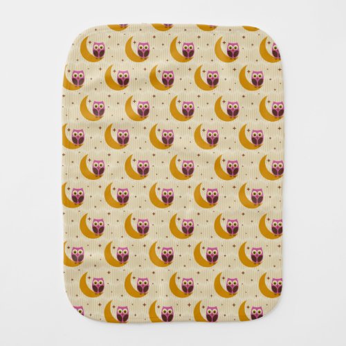 Pink Owls with Moons  Stars on Dark Brown Baby Burp Cloth