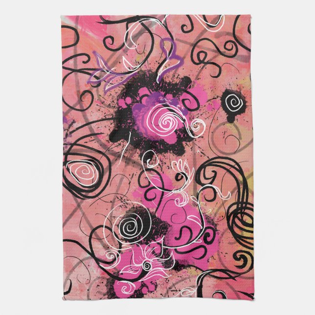 Pink Paint Splatter Abstract Modern Floral Kitchen Towel (Vertical)