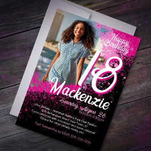 Pink Paint Splatter Photo 18th Birthday Invitation