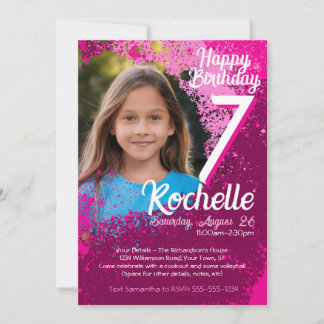 Pink Paint Splatter Photo 7th Birthday Invite