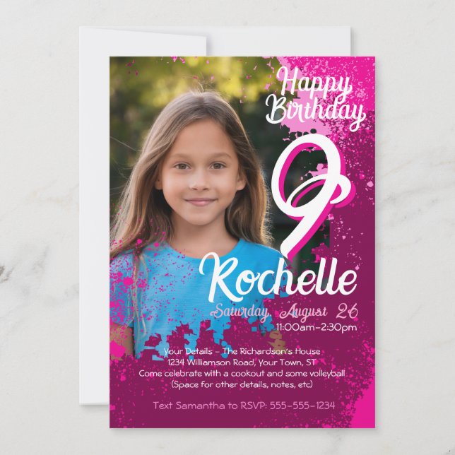 Pink Paint Splatter Photo 9th Birthday Invite (Front)