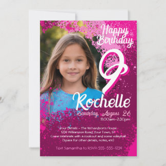 Pink Paint Splatter Photo 9th Birthday Invite