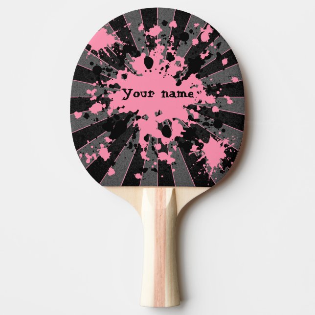 Pink paint splatters black and gray personalized ping pong paddle (Front)
