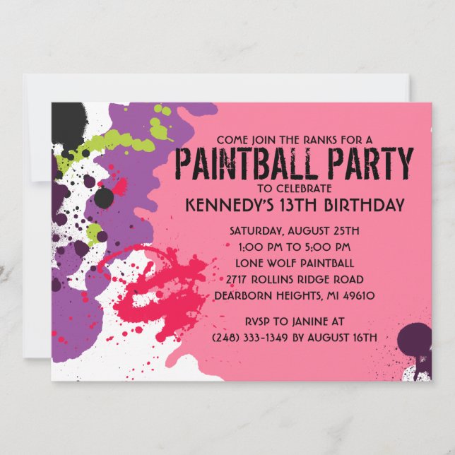 Pink Paintball Splatter Paintball Birthday Party Invitation (Front)