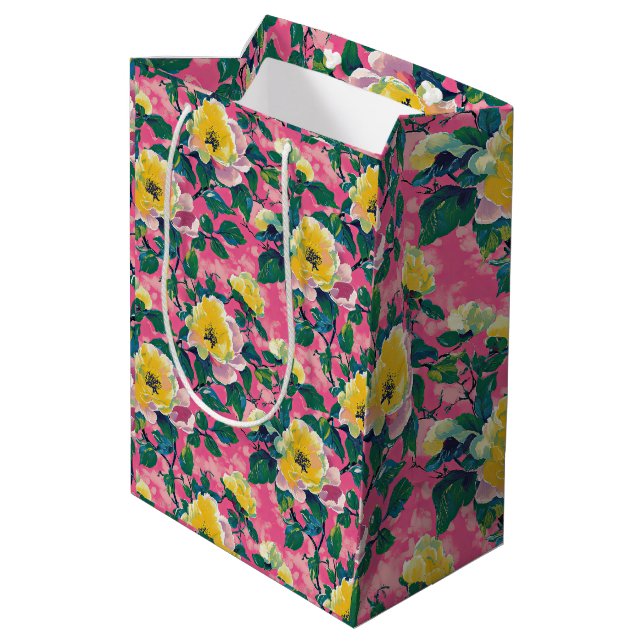 Pink Painted Chinoiserie Floral Medium Gift Bag (Back Angled)