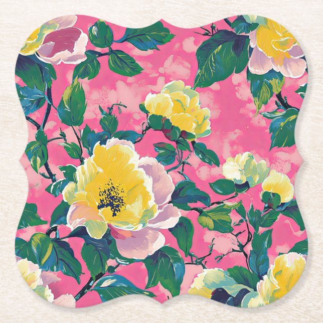 Pink Painted Chinoiserie Floral Paper Coaster (Front)