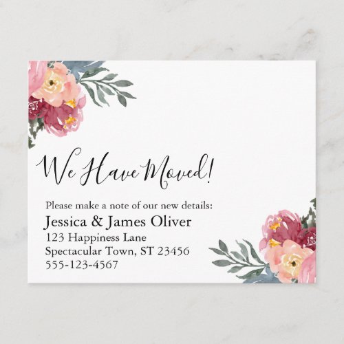 Pink Painted Floral We Have Moved Notice Enclosure Card