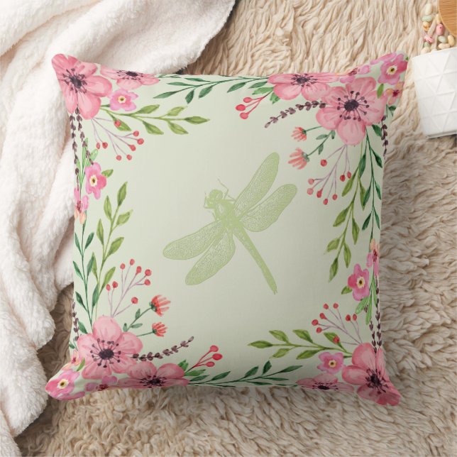 Pink Painted Flowers Green Dragonfly Throw Pillow (Blanket)