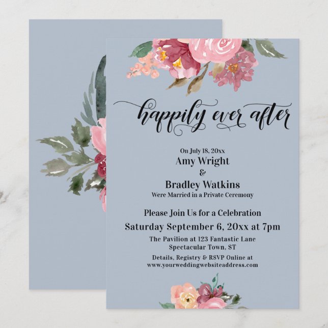 Pink Painted Flowers Happily Ever After Dusty Blue Invitation (Front/Back)