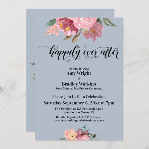 Pink Painted Flowers Happily Ever After Dusty Blue Invitation