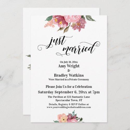 Pink Painted Flowers Just Married Typography Invitation