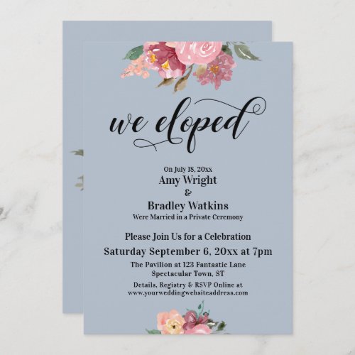 Pink Painted Flowers We Eloped Script Dusty Blue Invitation