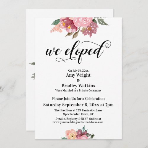 Pink Painted Flowers We Eloped Typography Invitation