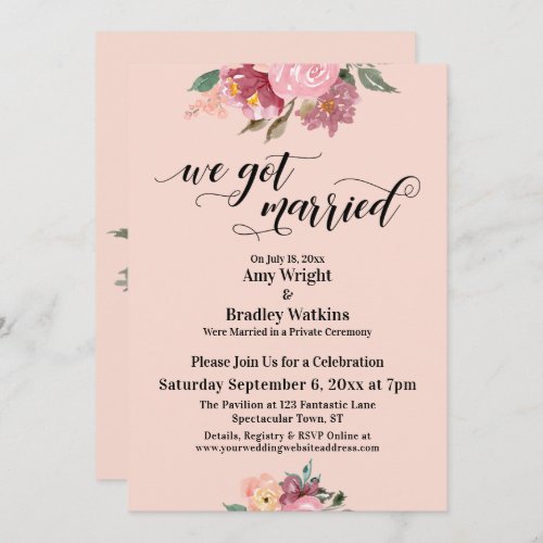Pink Painted Flowers We Got Married Script Blush Invitation