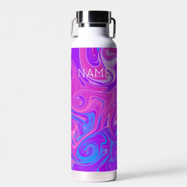 Pink Painted Marble Swirls NAME Abstract Art Water Bottle (Front)