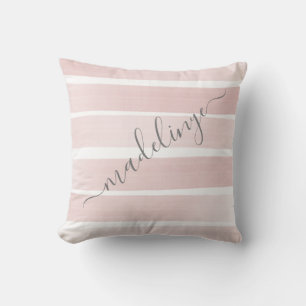 Pink Painted Stripes with Gray Name Personalized Throw Pillow