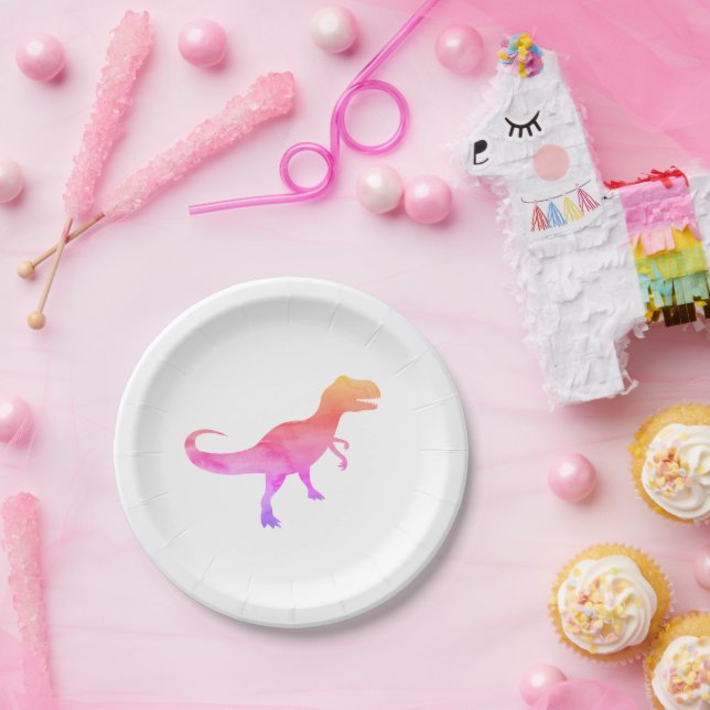 Pink Painting Dinosaur Silhouette Trex Paper Plate (Party)