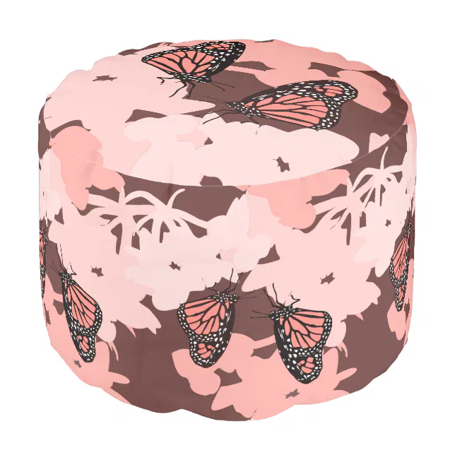 Pink Pair Of Feeding Monarch Butterflies Pouf | Zazzle