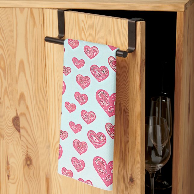 Pink paisley hearts valentine  kitchen towel (Thirds Fold)