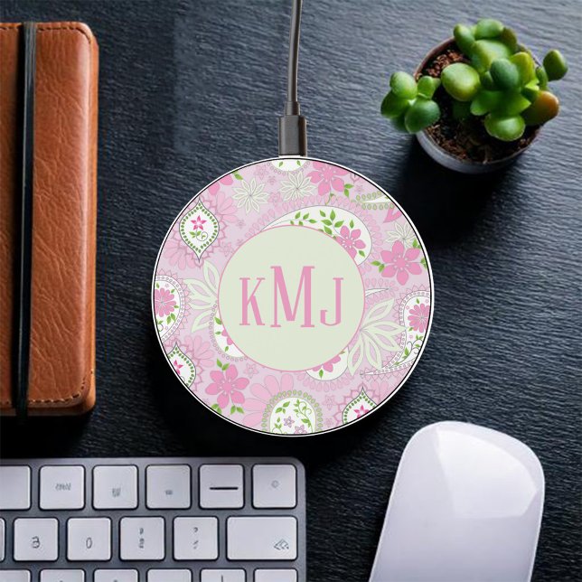 Pink Paisley Monogram Personalized Wireless Charger (Pink and green paisley print monogram phone charger. )